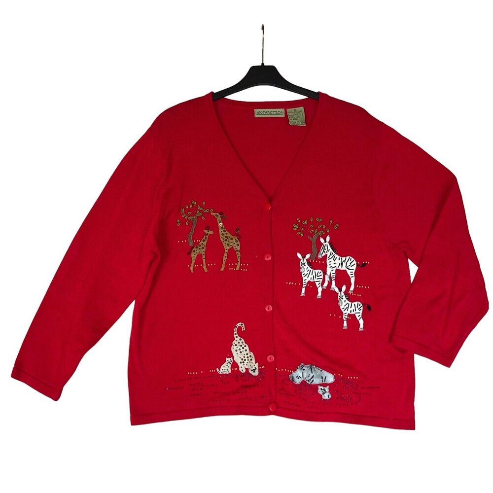Cardigan Sweater Red Zoo Animals Beaded